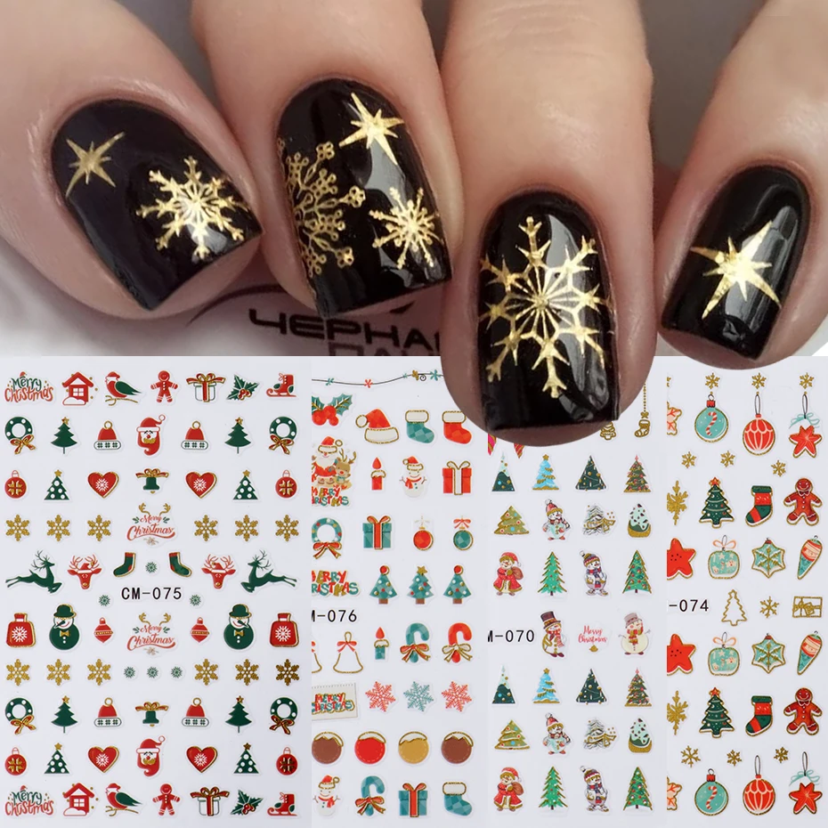 4 stks 3D Gouden Sneeuwvlokken Kerstbomen Stickers voor Nagels Kerstcadeaus Zelfklevende Nagel Sliders Winter Feestelijke Nagel Accessor