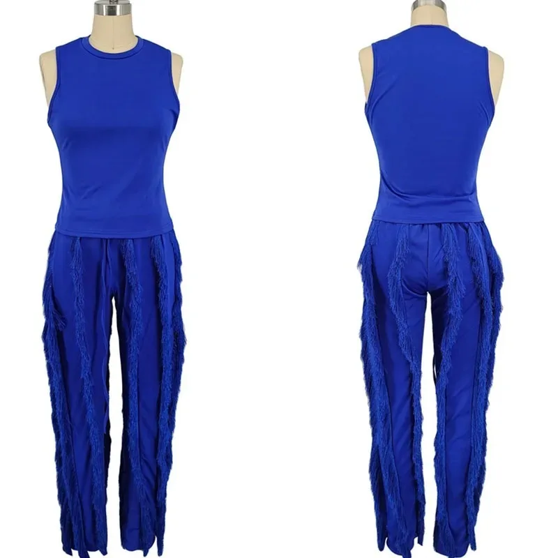 Solid Elegant 2 Piece Sets Women Outfit Birthday Club Party Sleeveless Slim Fit Top and Tassel Pants Suit New in Matching Sets