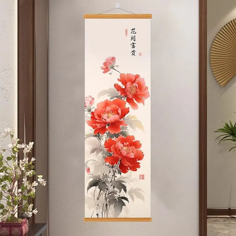 Wall Decor & Room Decor Aesthetic Lush Blooming Peony Hanging Scroll – Prosperity Zen Wall Art for Teahouse Hallway & Spa Space
