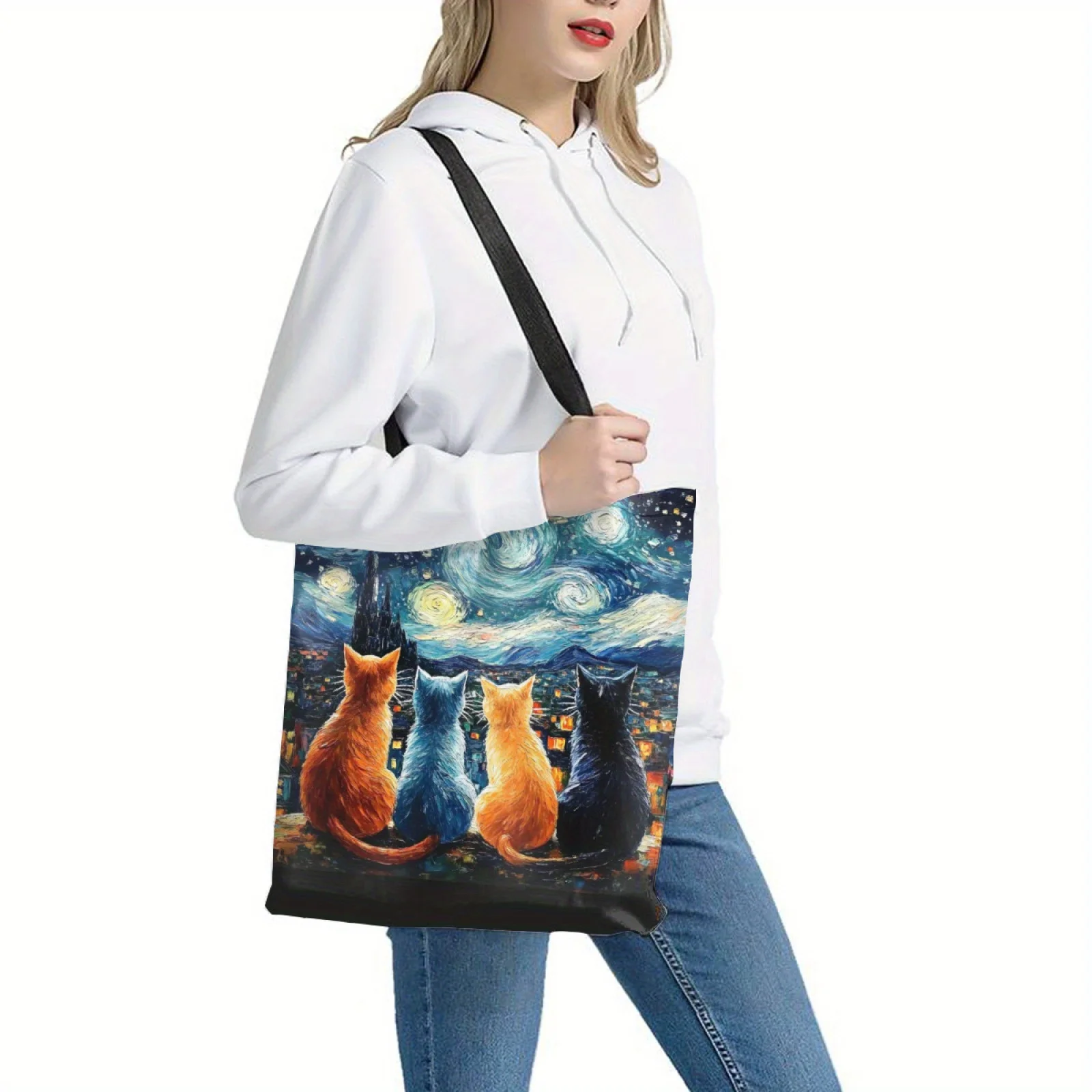 Starry Night Cats Tote Bag - Large, Reusable Grocery & Shopping Shoulder Bag with Durable Handles - Perfect for School