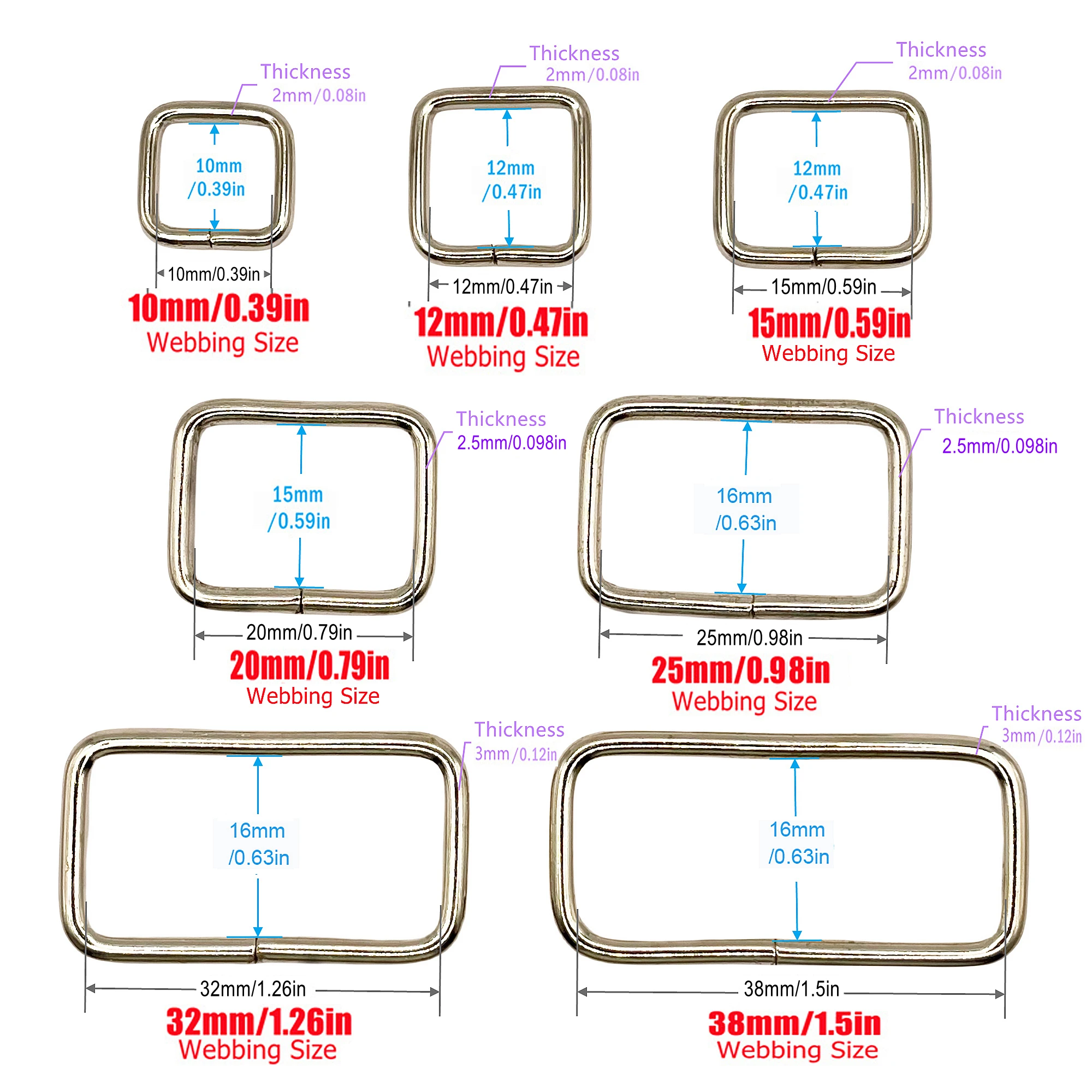 20 Pcs/Pack 10-38mm Metal Rectangle Ring Buckle Slide Loop Ring for Belt Backpack Strap Webbing Bag Pets Collar DIY Accessories
