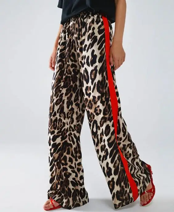 

Women's Pants Summer New Fashionable Casual Style Leopard Print Color Blocked Stripe High Waisted Lace Up Loose Wide Leg Pants