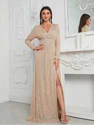 Long-Sleeved Apricot V-Neck Sequined Floor-Length Adult Gown, Luxury And Elegant Wedding Banquet Floor-Length Evening Gown