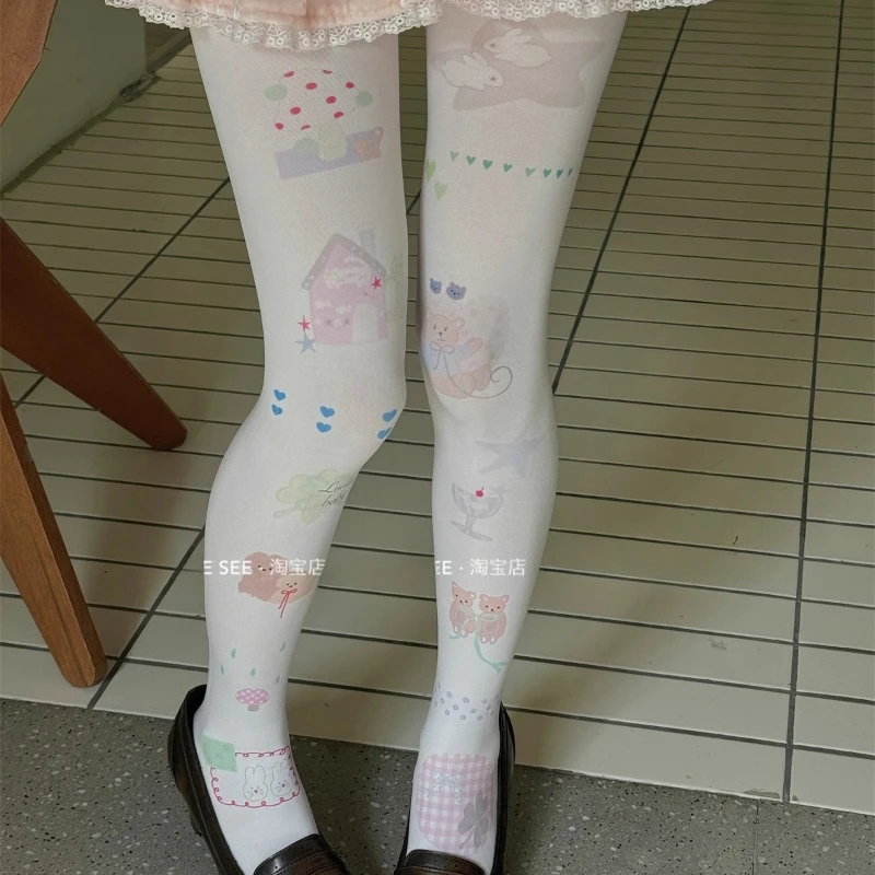 Japanese Original New Women's Skinny Pantyhose Cartoon Illustration Print Lolita Velvet Legging Sweet Cute Versatile Tights Girl