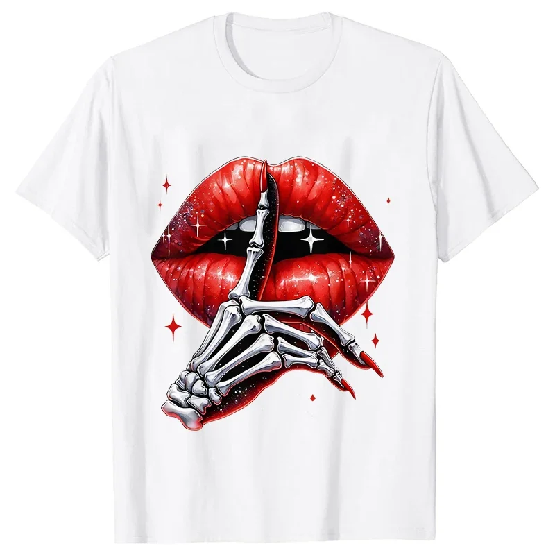 Funny Red Lips Skeleton Hand Print Female T-Shirt Casual Short Sleeve Tops Casual Graphic Clothing Streetwear Ladies Y2k Clothes image 4