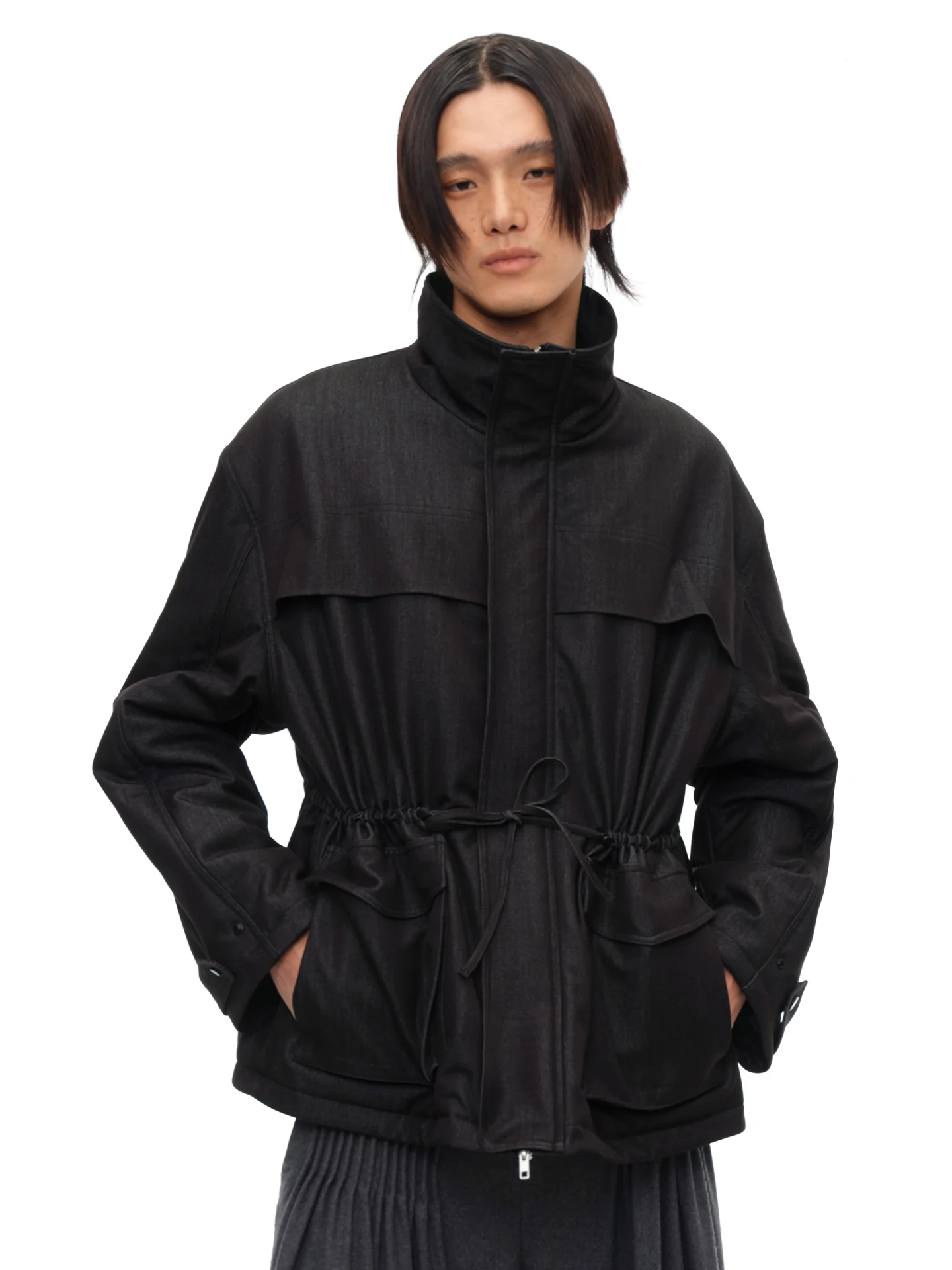 JCAESAR Padded Parka Loose Fit High Collar Denim Texture Drawstring Casual Cotton Jacket for Youth Warmth Youth Fashion