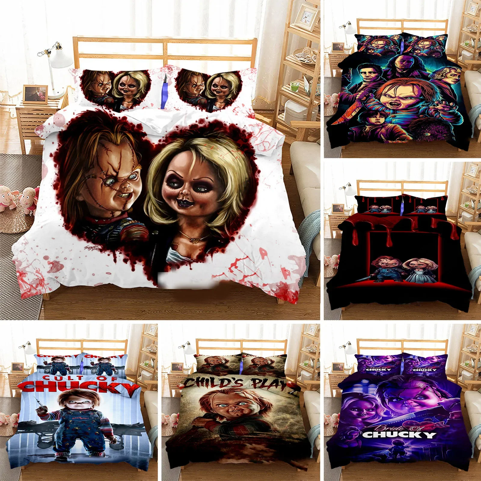 

3D Printed Horror Movie Chucky Bedding Set Pillowcase Duvet Cover Double Twin Full Queen King Adult Kids Bedclothes Quilt Cover