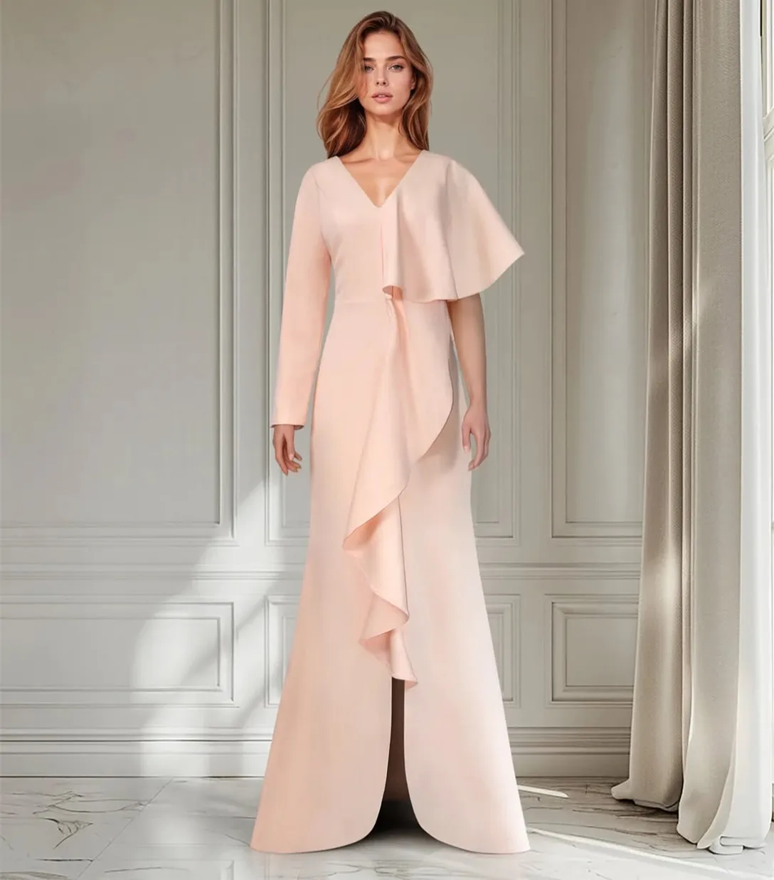 

Customized Long V-Neck Evening Dresses with Ruffles Mermaid Crepe حزب اللباس Watteau Train Zipper Back Prom Dresses for Women