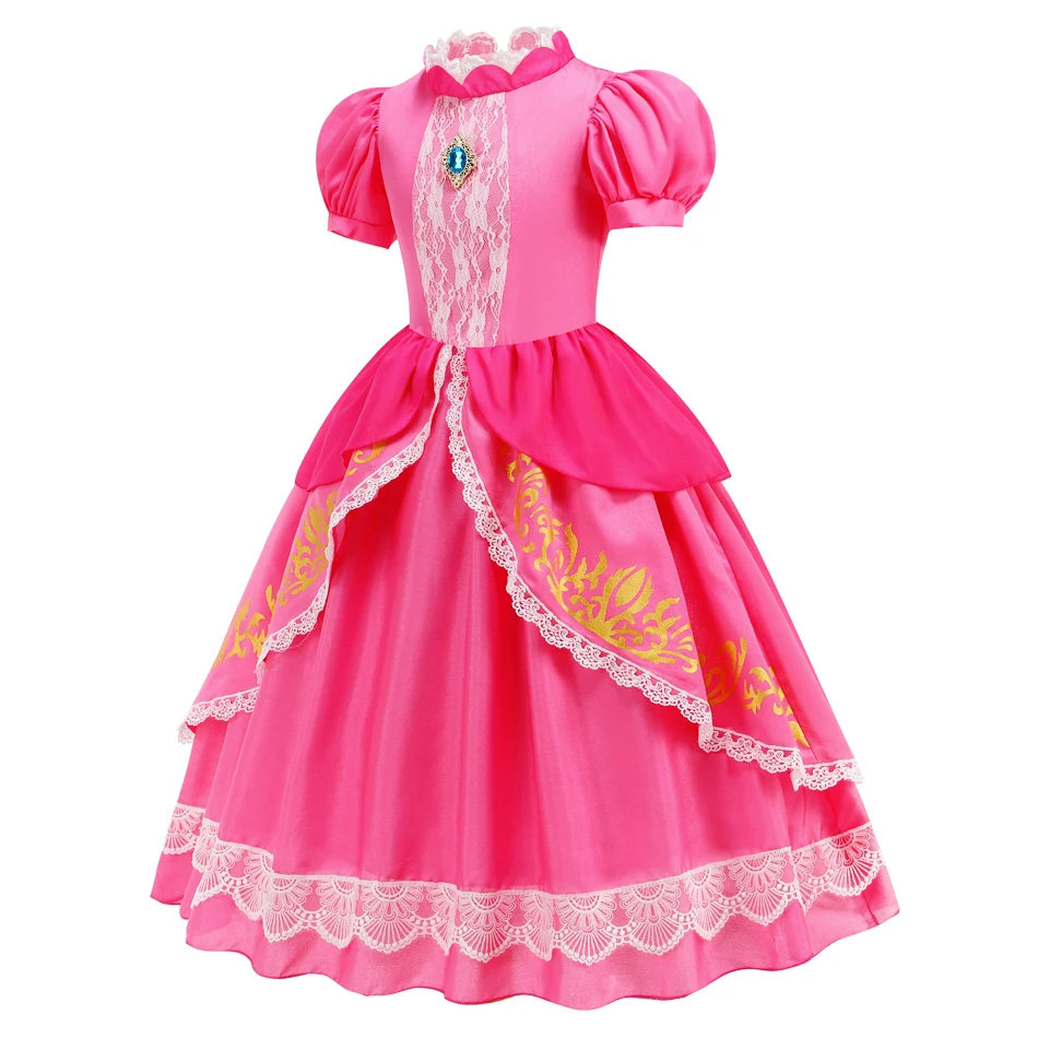 Girls Peach Cosplay Lace Pink Princess Dress Kids Game Cartoon Movie Role Play Costume Children Birthday Halloween Festival Gown