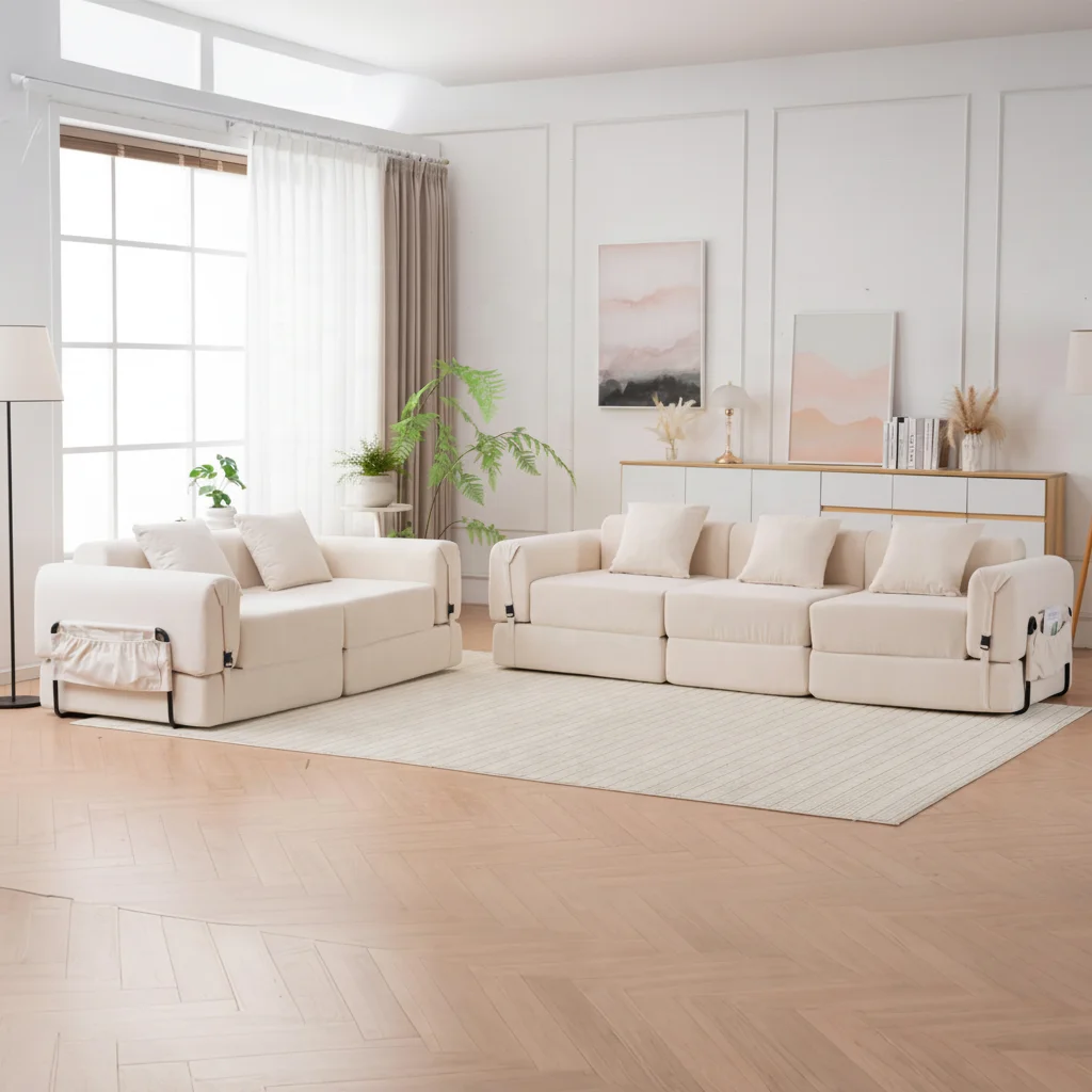 #Cream Modular Convertible Sofa Set 2 Piece 5 Seater Sectional Couch with Side Pockets and Throw Pillows for Living Room