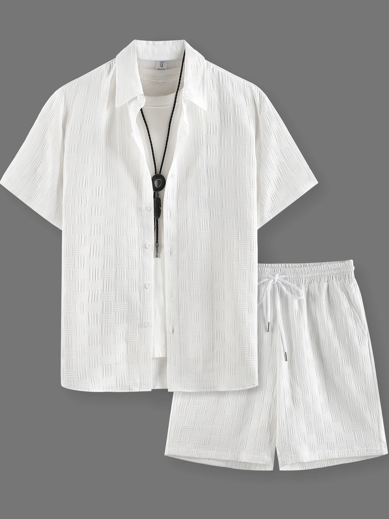 Textured Jacquard Lapel Shirt Shorts Set Men's Summer Loose Smart Casual 2 Piece