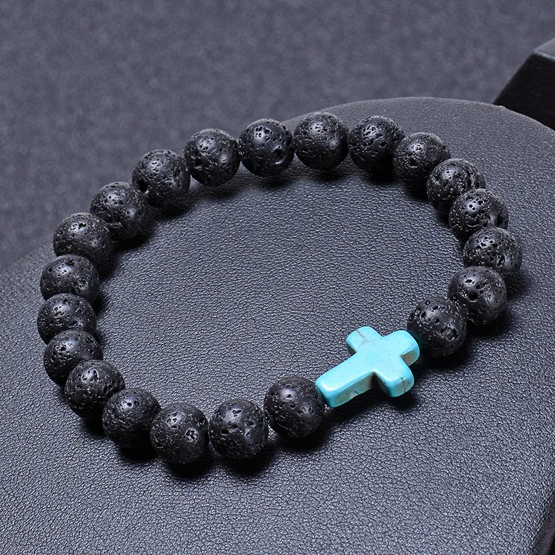 Natural Volcanic Stone Beads Cross Bracelets Black Lava Men Bracelet Aromatherapy Essential Oil Diffuser Bangle