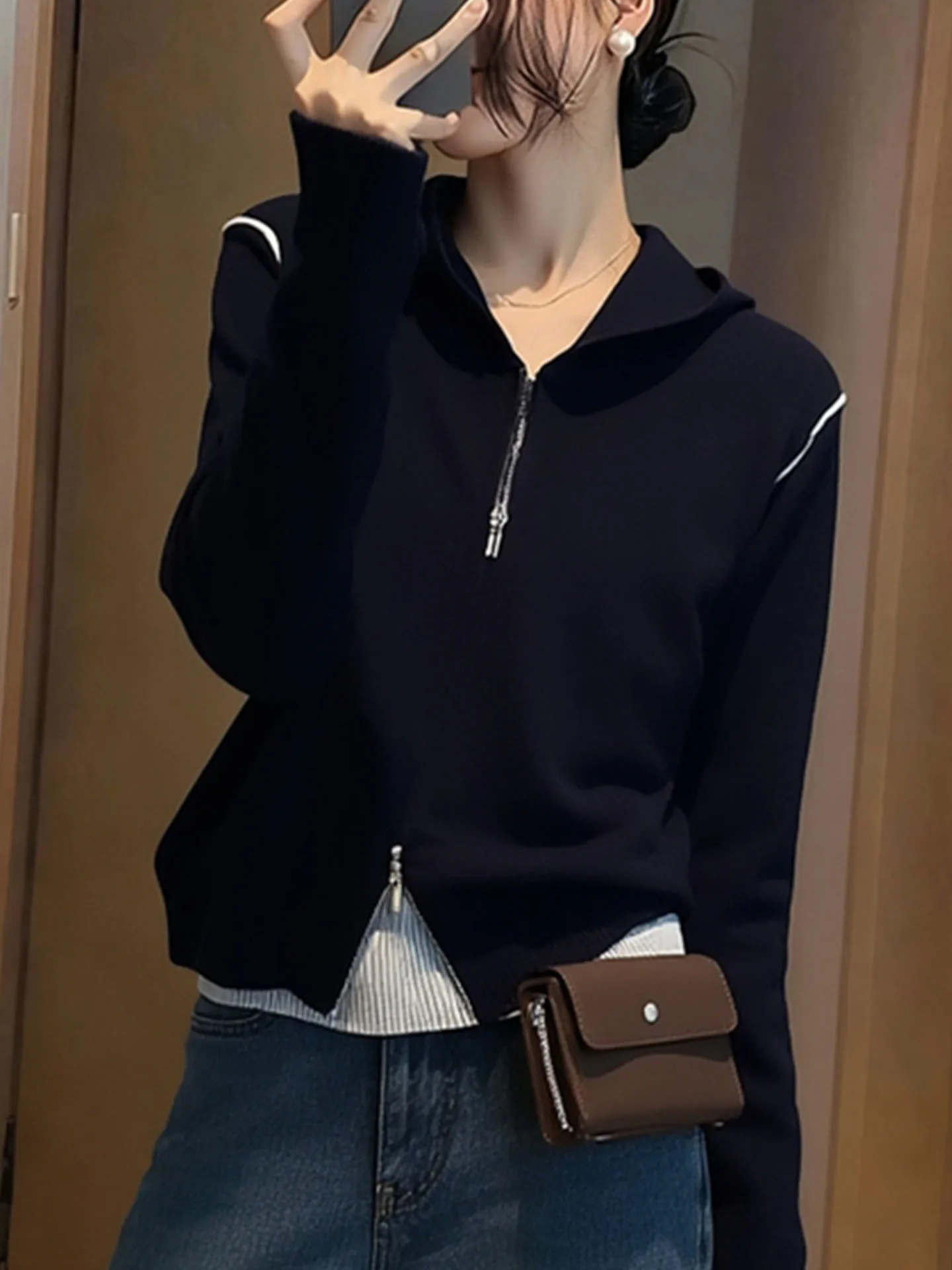 Korean Sle Winter Faionable Hooded Camere Knitwear Long Sve Color Blo Design Casual Comfortable Women's Top