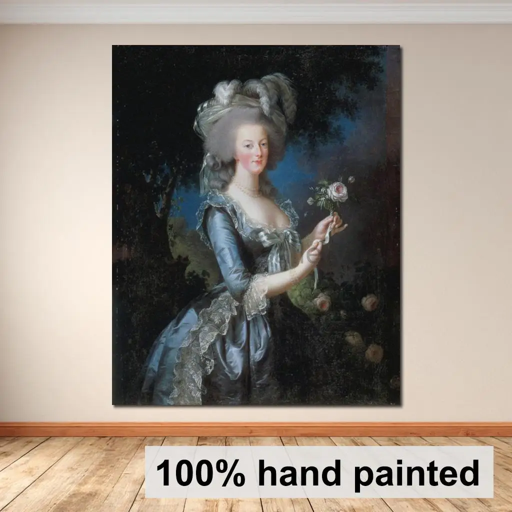 Hand Painted Woman Portrait Oil Painting Elisabeth Vigee Lebrun Marie Antoinette with Rose Canvas Art Wall Decor for Living Room