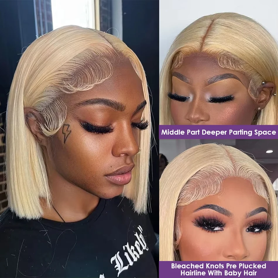 200% 613 Honey Blonde Short Bob Wig Straight Lace Front Human Hair Wigs Colored 13x4 HD Transparent Lace Frontal Wigs Preplucked