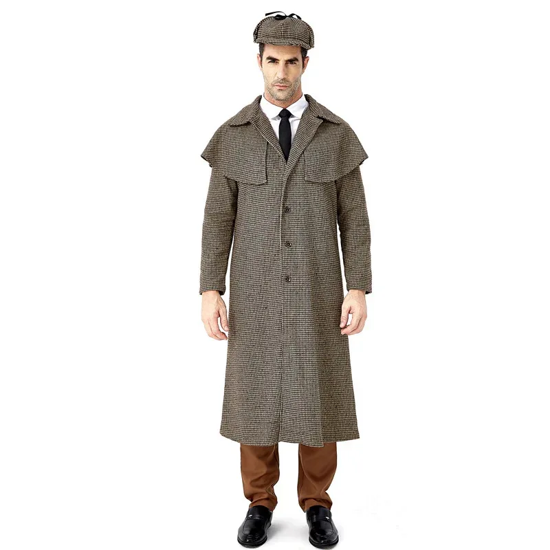 Halloween Men's Film Role: Detective Sherlock Plays Costume: British Plaid High Neck Coat Carnival Birthday Ball Cosplay Costume