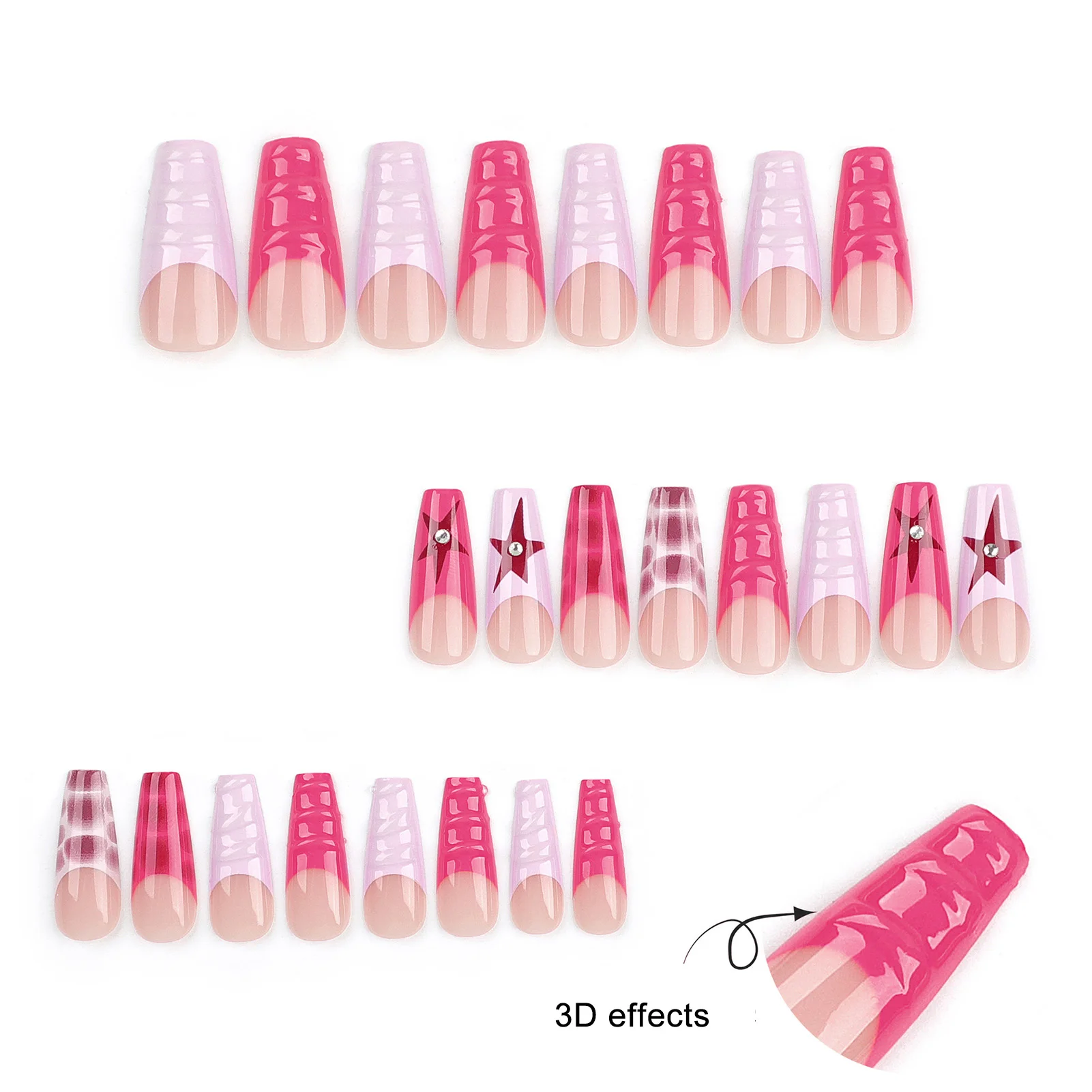 Woman Nail Art French Fake Nail Coffin Star Design Pink Purple Nude Artificial Nail for Hand Decoration Nail Art