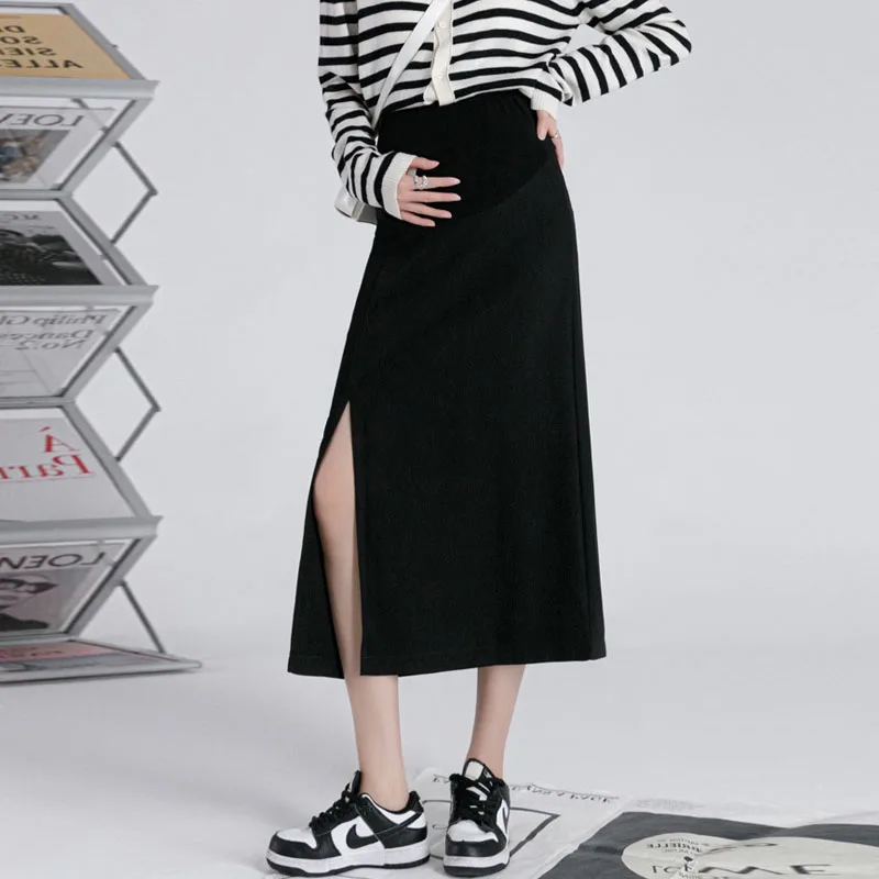 High Waist Split Maternity Midi Skirt A-Line Belly Support Long Skirt for Pregnant Women Casual Pregnancy Half Skirt