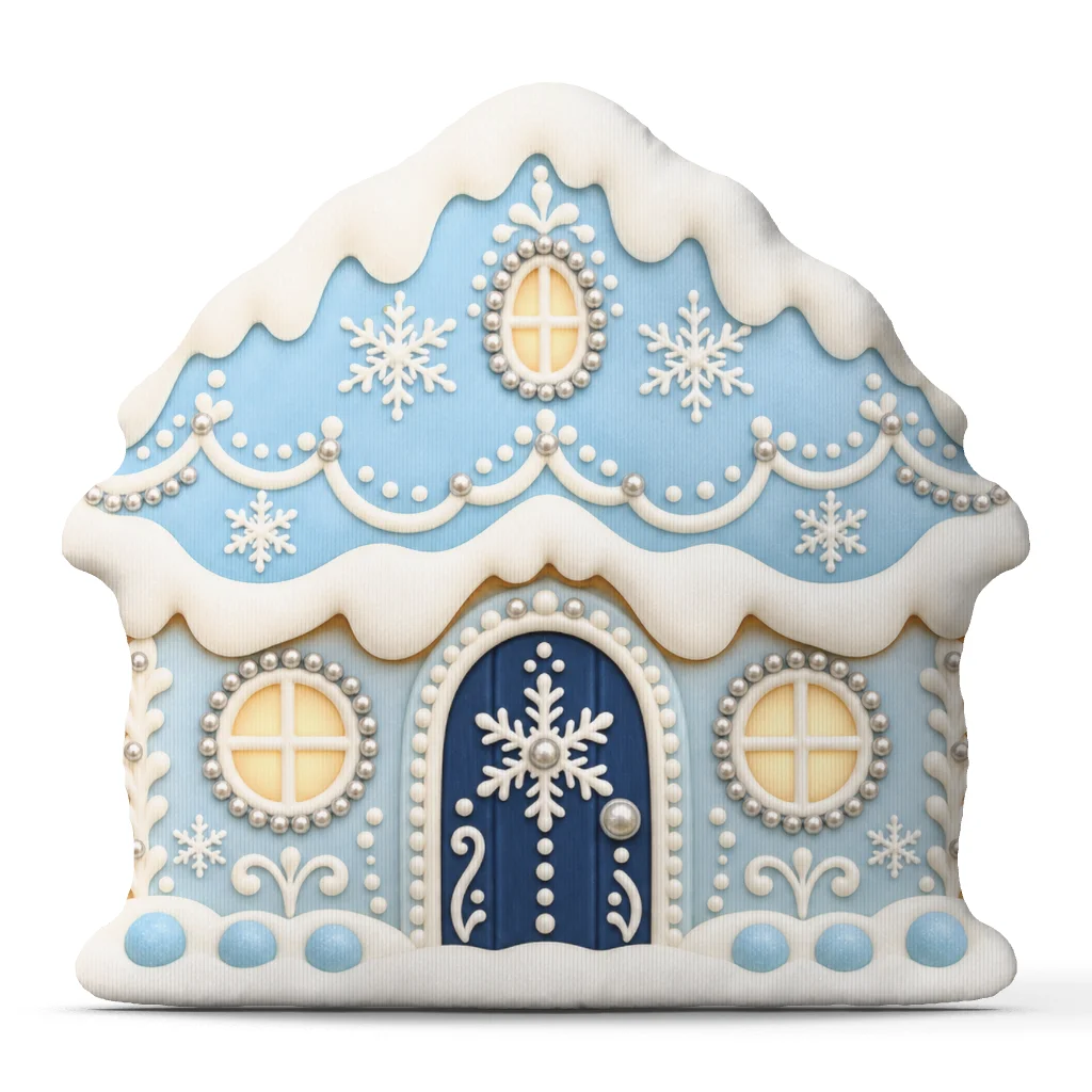 Blue Christmas Gingerbread House Shaped Throw Pillow Winter Wonderland Snowflake Cushion Holiday Sofa Accent Home Decor Gift