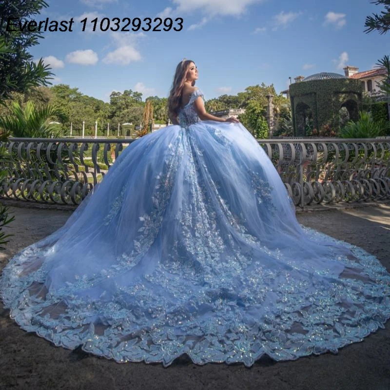 

EVLAST Customized Mexican Sky Blue Quinceanera Dress Ball Gown Lace Applique Beading Corset Sweet 16 Vestido De 15 Anos E1Q52