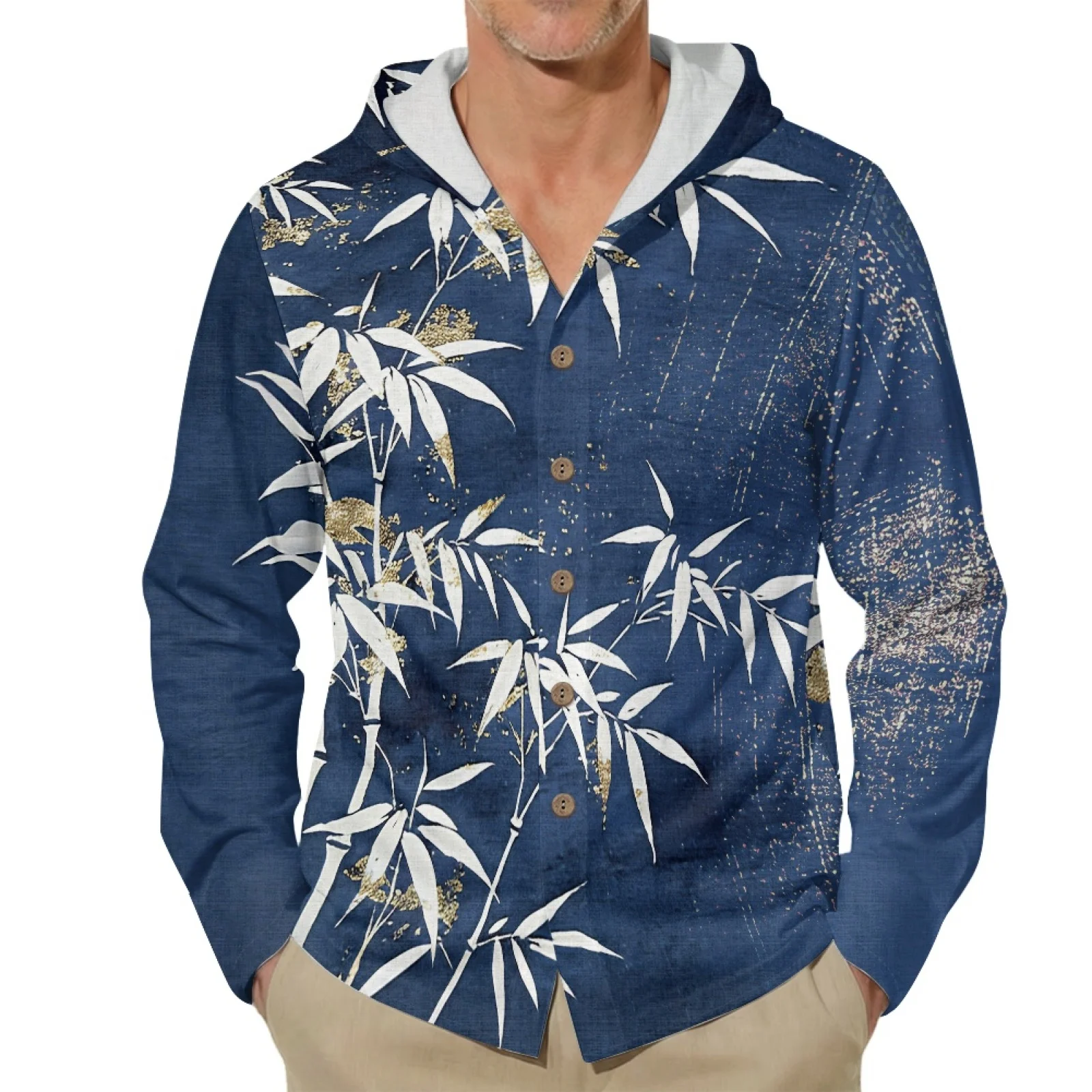 PENSTROLL Leaf Print Linen Like Beach Sweatshirts Comfortable Hawaiian Button Up Overshirt for Work Size S-3XL
