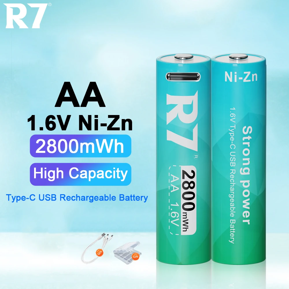 Batería AA de marca R7 Ni-Zn 1,6 V 2800mWh níquel-Zinc USB AA baterías recargables Baterias para linterna cámara de juguete