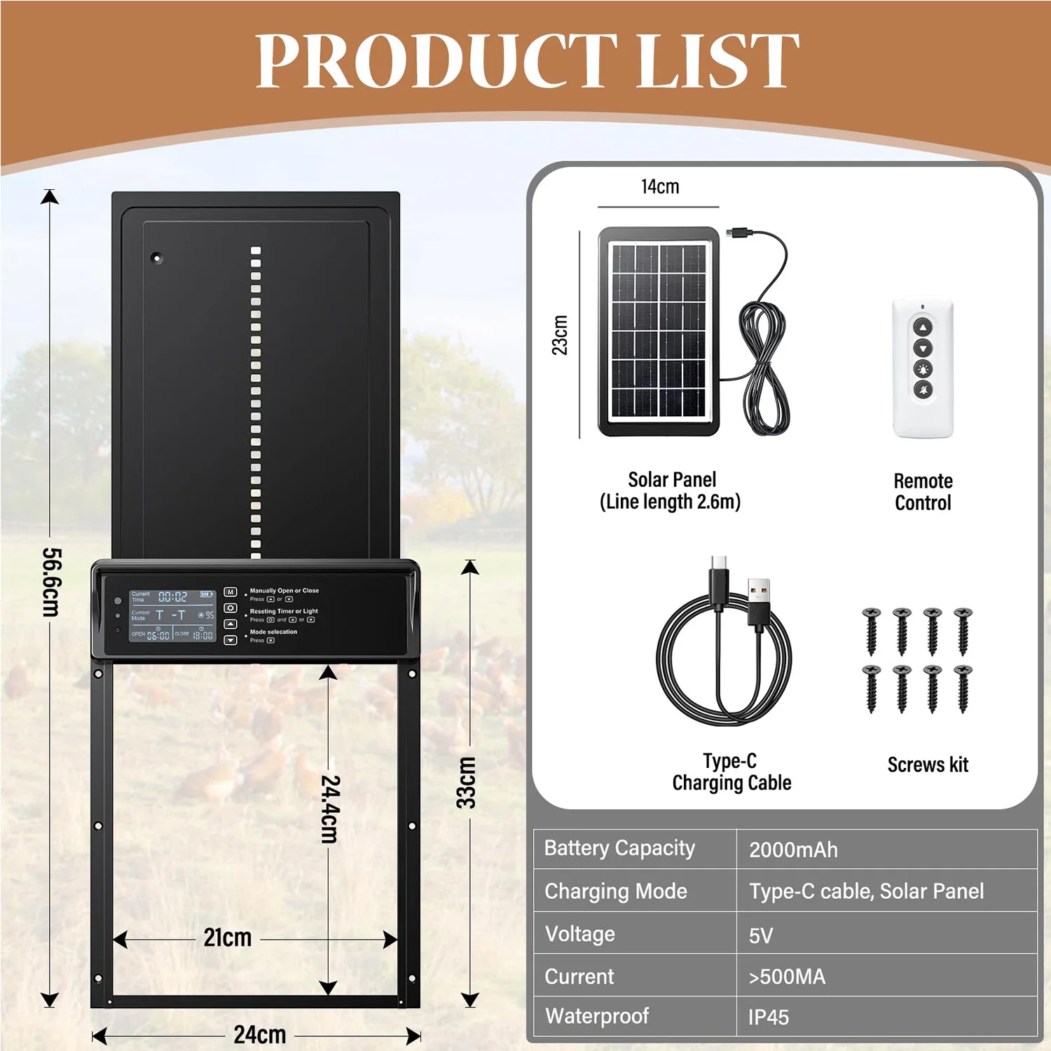 Automatyczna słoneczna klapa do drzwi kurnika Pet Cage Timer LED Light Sensor Timer Remote Control Wodoodporne akcesoria rolnicze Outdoor