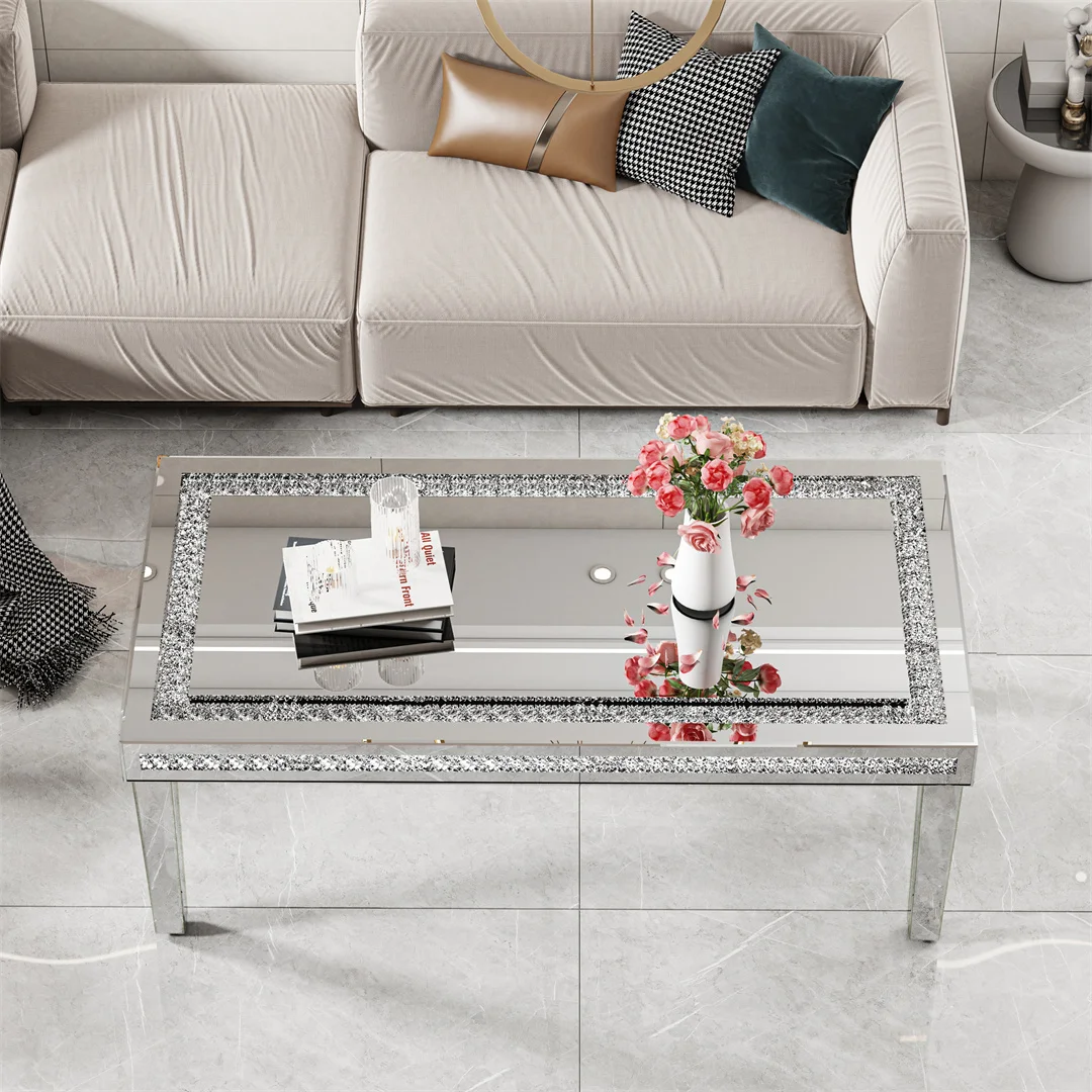 Luxury Modern Living Room Center Table Rectangle Mirrored Coffee Table with Crystal Diamonds Inlay