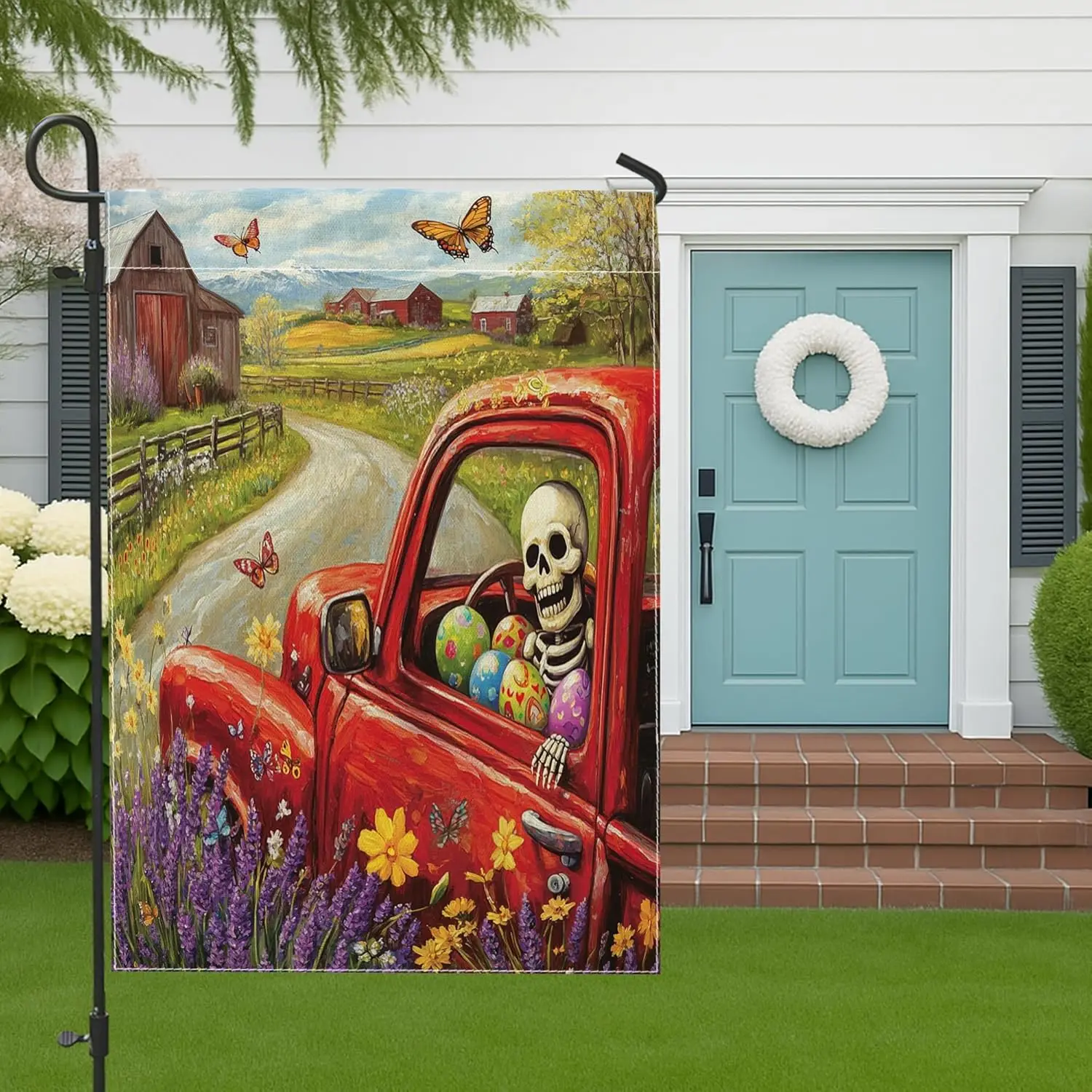 Spring Easter Skeleton Garden Flags 12x18 Inch for Outside, Farmhouse Floral Truck Eggs Pattern Standard Linen House Flags,  ZZM
