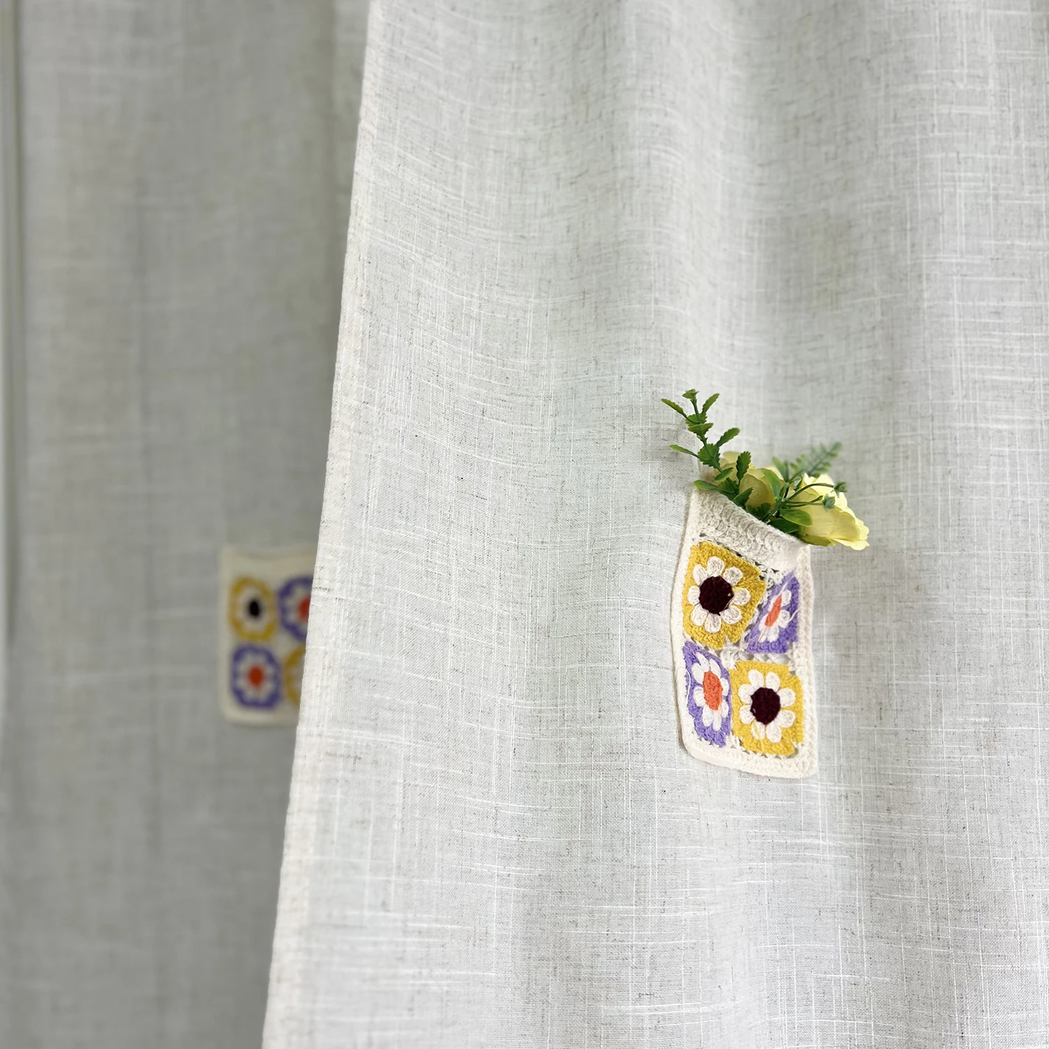 Natural Linen Blended Beige Curtain Japanese Semi-translucent Door Curtains For Kitchen Cafe Bohemia Pocket Decoration