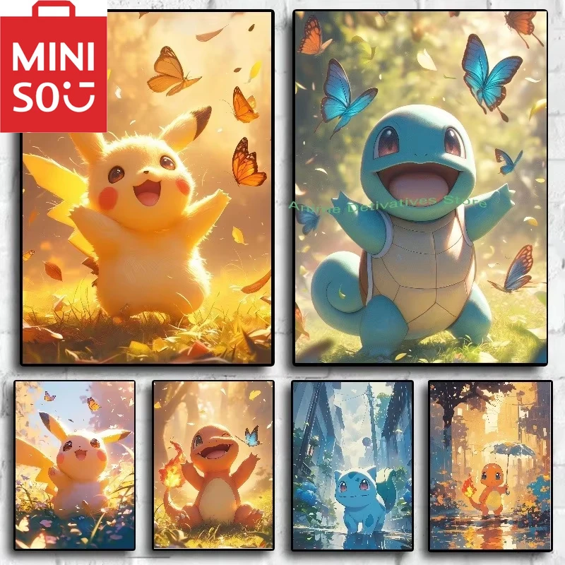 MINISO Pokemon figuras de Anime Hd Charizard Bulbasaur Squirtle Charmander obra de arte pintura de diamante arte de pared decoración de la habitación del hogar