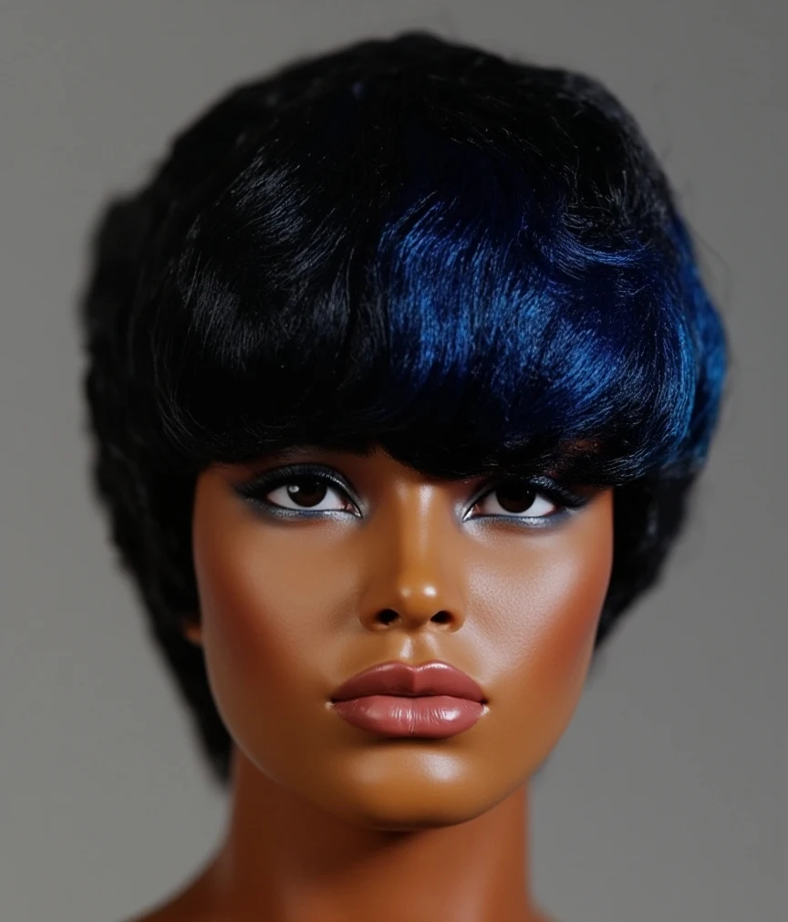 ショートピクシーウィッグ人毛女性用黒青ピクシーウィッグ人毛ショートブルーウィッグ機械製レイヤードショートピクシーカットウィッグ