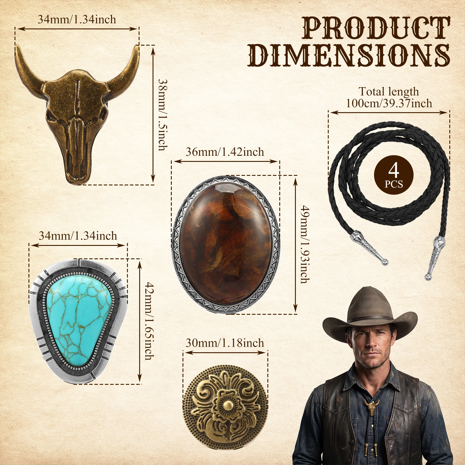 4/6Pcs Men Cowboy Garment Accessory Tie Adjustable Bull Head Western Cowboy Bolo Tie Pendant Necklace Vintage Artistic Bolo Tie