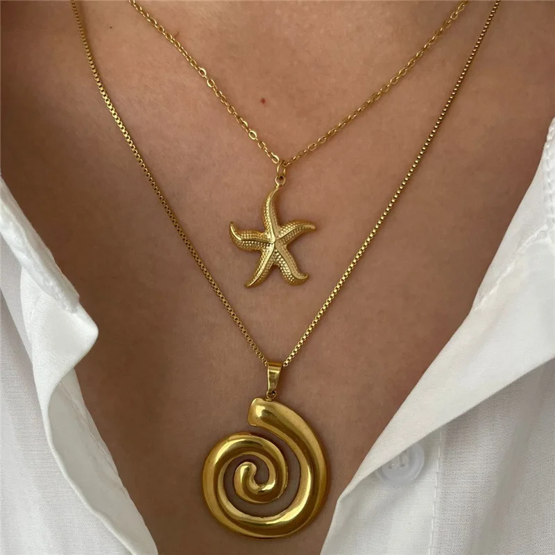 Ocean Series Metal Hollow Vortex Spiral Starfish Pendant Necklace for Women Punk Gold Color Cavicle Chain Jewelry Accessories