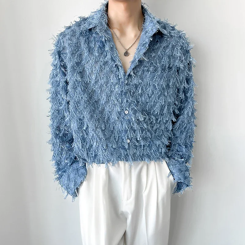 パーティーファッションタッセルデザインシャツメンズ 2025 春秋カジュアルボタン付きラペルシャツヴィンテージソリッドカラー男性カーディガントップス