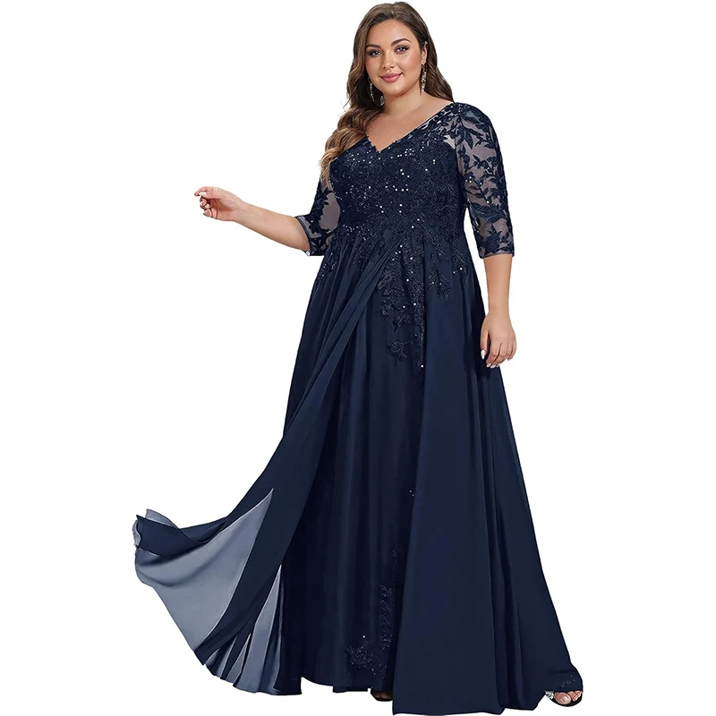 

Customized Classic V Neck Mother of The Bride Dresses 3/4 Sleeve Sequins Chiffon Evening Formal Dresses Applique Lace up back