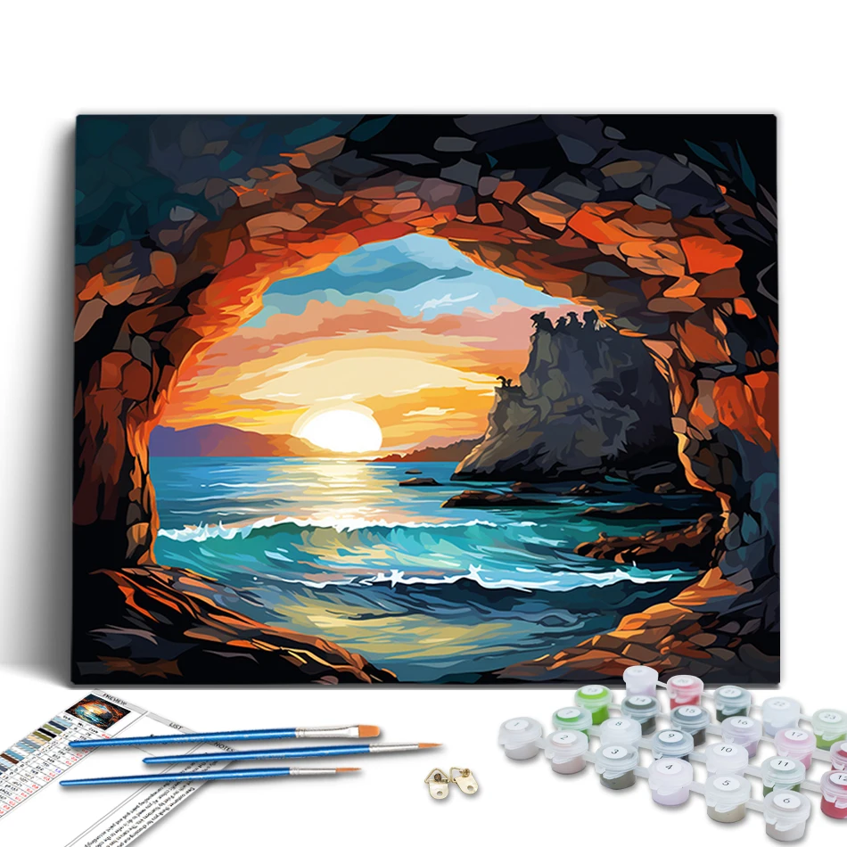 

RUOPOTY Paint By Numbers Paint Kit Landscape stone cave seascape Paintings On Number Drawing Canvas Picture Art Supplies Acrylic