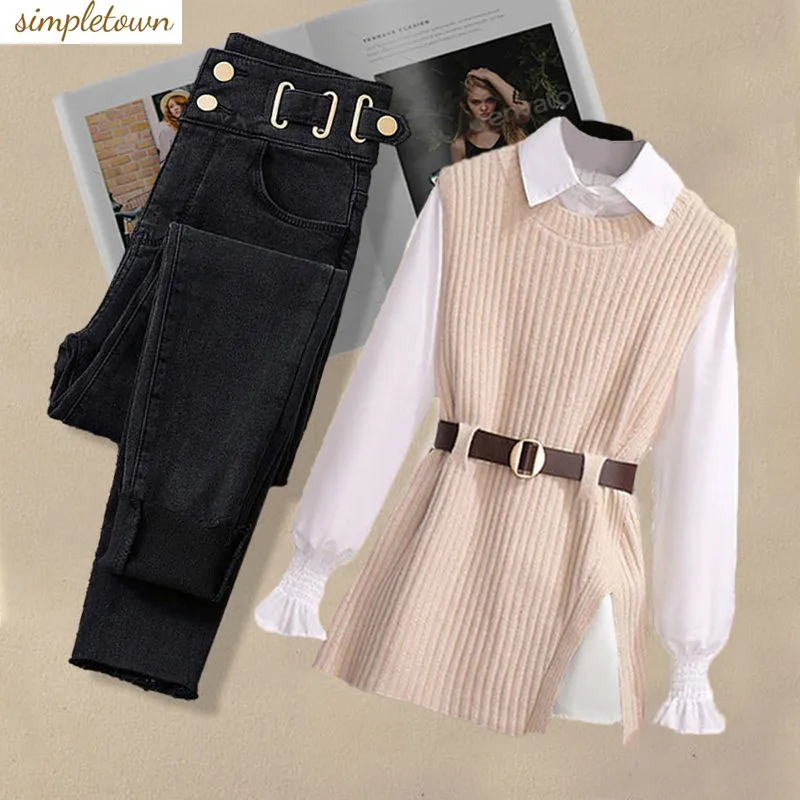 

Oversized Women's Autumn Set Women's 2023 New Fashionable Knitted Vest Women's Slim Versatile Jeans Three Piece Set