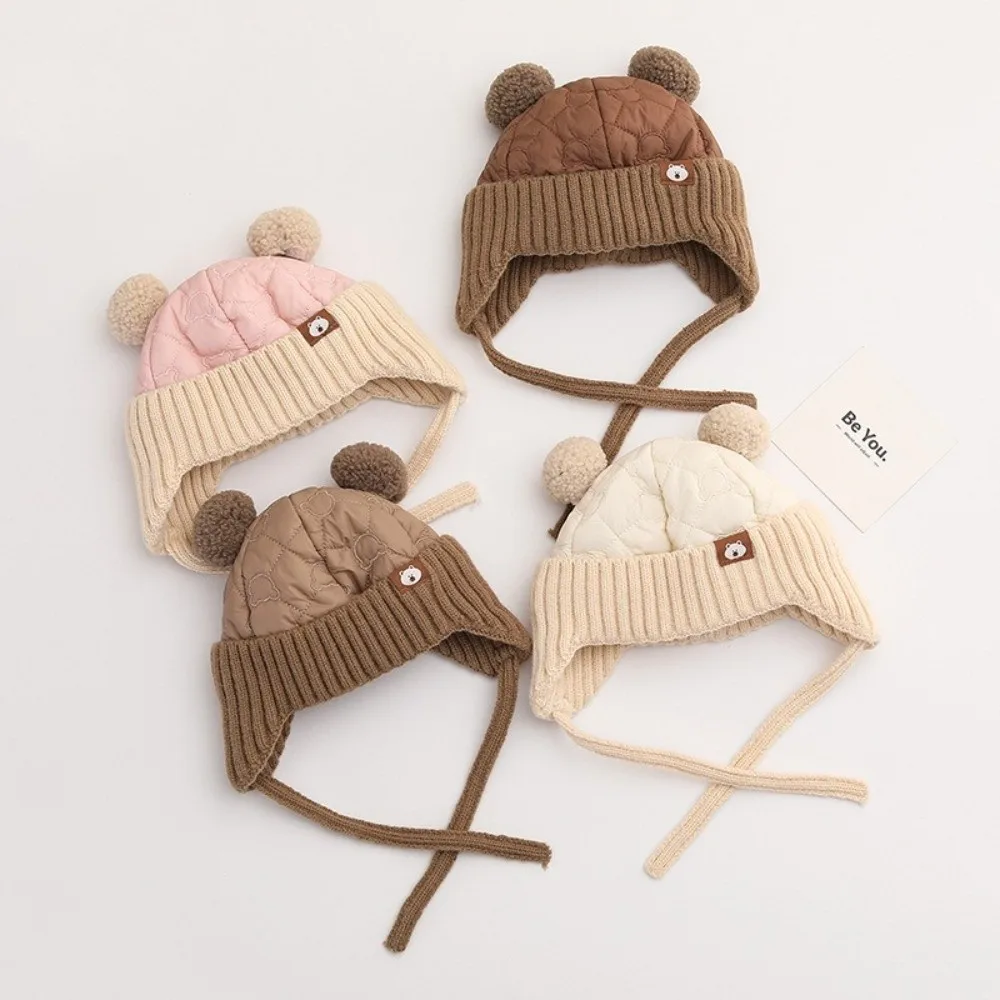 

Warm Fleece Ear Protection Hat Thickened Material Bear Ear Style Infant Hat Knitted Design Windproof Feature Pullover Hat