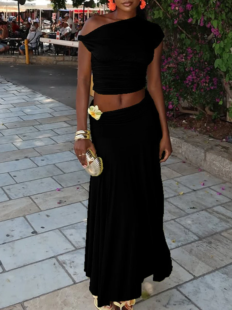 ZIML 솔리드 스플라이스 폴드 투피스 세트 여성용 사선 칼라 슬리브리스 숏탑 하이웨이스트 롱 스커트 캐주얼 세트