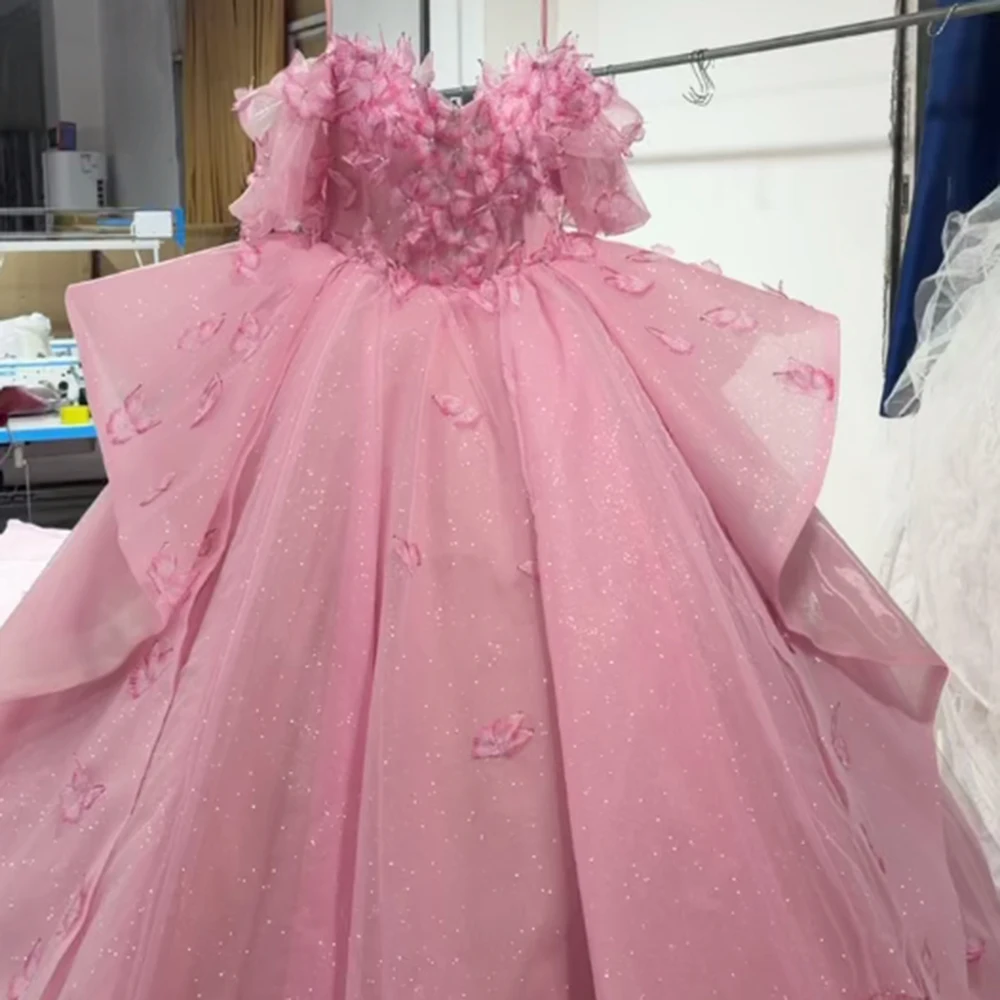 Customized Quinceanera Dresses Off Shoulder Scoop-Neck Floral Short Sleeves Appliqued  Flower Party Vestidos De 15 Anos