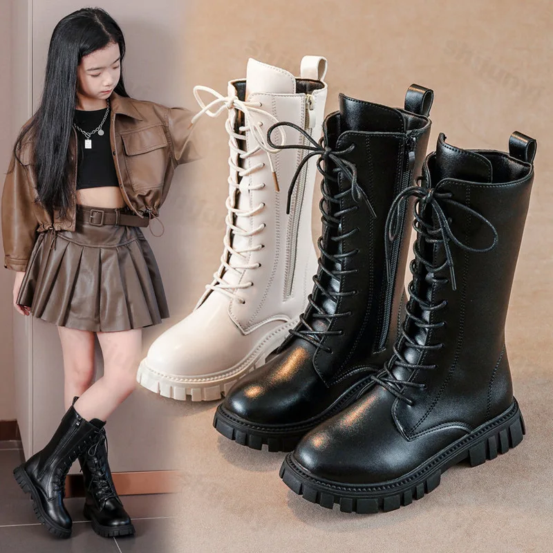 Children Knee Length Boots New 2025 Autumn British Girls Princess Boots Kids Zipper Comfortable Non Slip Solid Color Long Boots