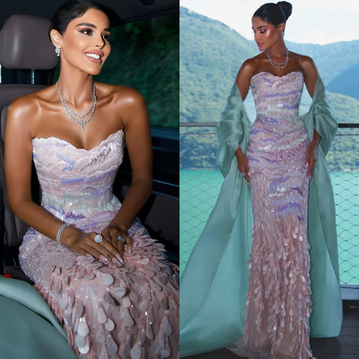 カスタマイズされた絶妙な高級夢のようなウェディングドレスブライダルパーティーブライダルドレスチャペルトレインアップリケスパンコールショールオーガンザ