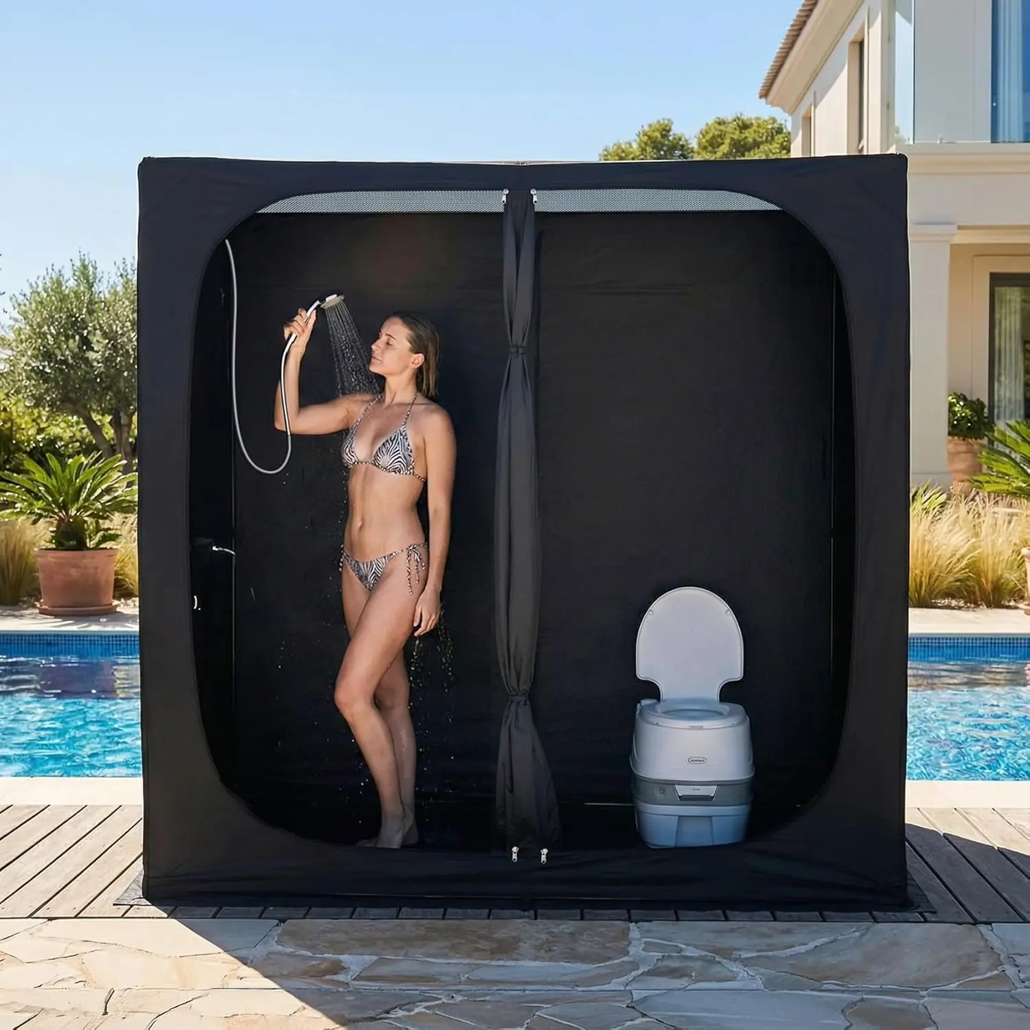 

2-Room Shower Tent, Outdoor Changing Room with Floor & Doors, Waterproof Lightweight Privacy Shelter for Pool, Courtyard