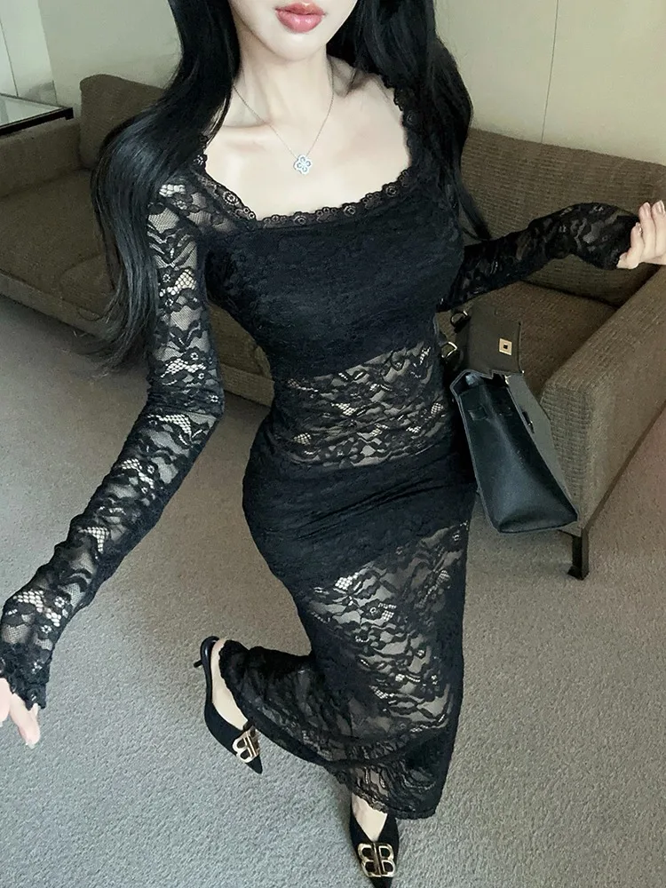 

Sexy Lace Splice Long Sve Dr Women's Autumn Winter High Waist Baring Belly Long Skirt Tight Fit X-ape Single Piece