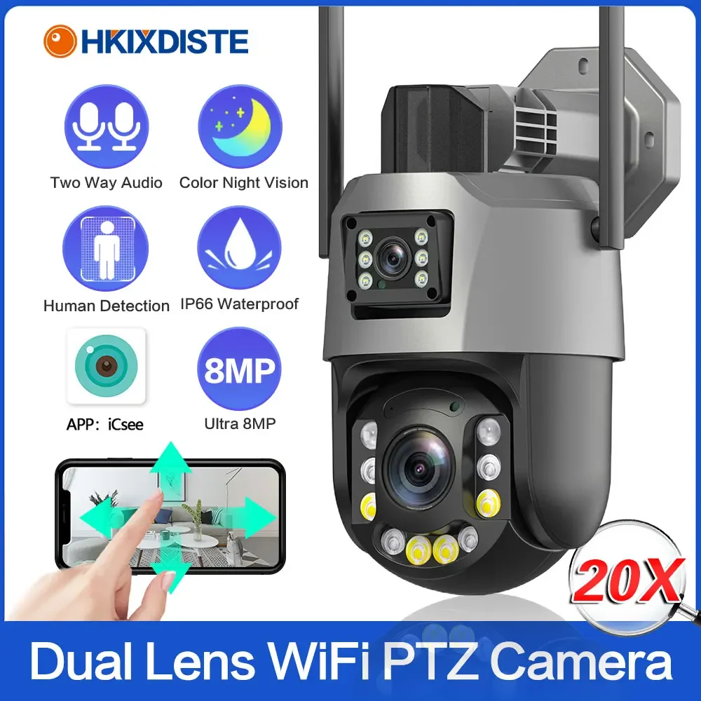 

4K Открытый двойной объектив Wi-Fi PTZ-камера 20-кратный зум Цветная ночная беспроводная система обнаружения человека CCTV Видеонаблюдение ICSEE Двустороннее аудио