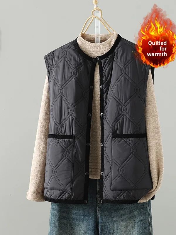 Kleur Blo Jaet Katoen gevoerd Casual rond Ne Enkele knop Grote maat Damesvest Bovenkleding Dubbel ket Herfst W...