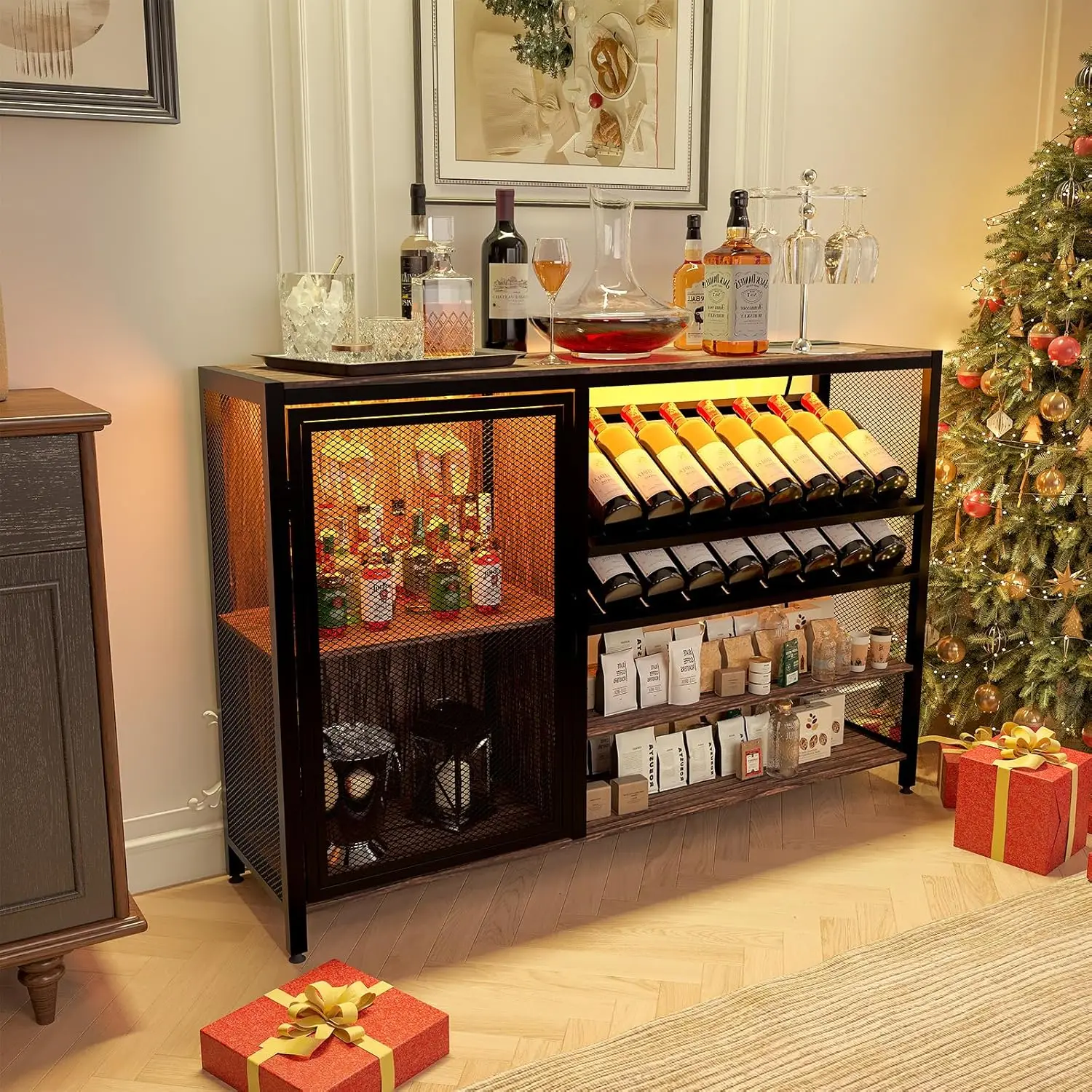 

48" Wine Bar Cabinet with Power Outlet, Industrial Coffee Bar Cabinet with LED Strip, Liquor Bar Cart with Wine, Customized