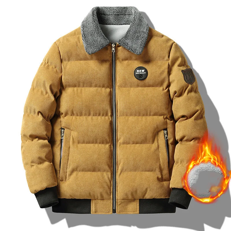 

Winter Men Jacket Vintage Contrast Color Turn Down Zipper Collar Male Coat Thicken Cold-proof Loose Versatile Man Outerwear