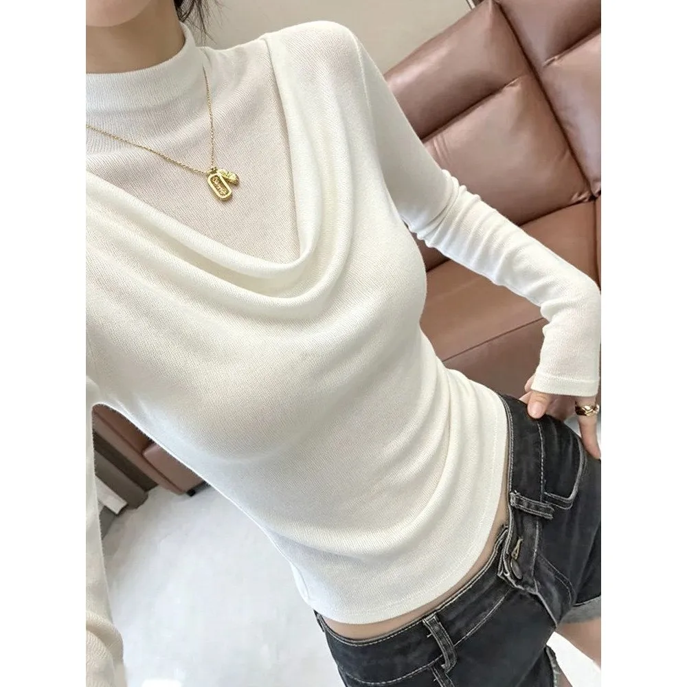 White Long Sleeve T-Shirt Women's Early Autumn 2026 New Minimalist Style Stand Collar Conceal Meat Slimming Base Top
